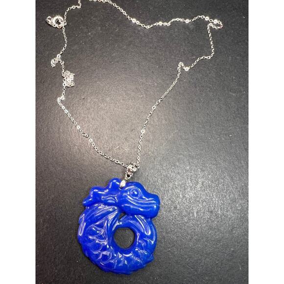 NEW Blue Jade dragon sterling silver pendant and chain - Picture 3 of 12